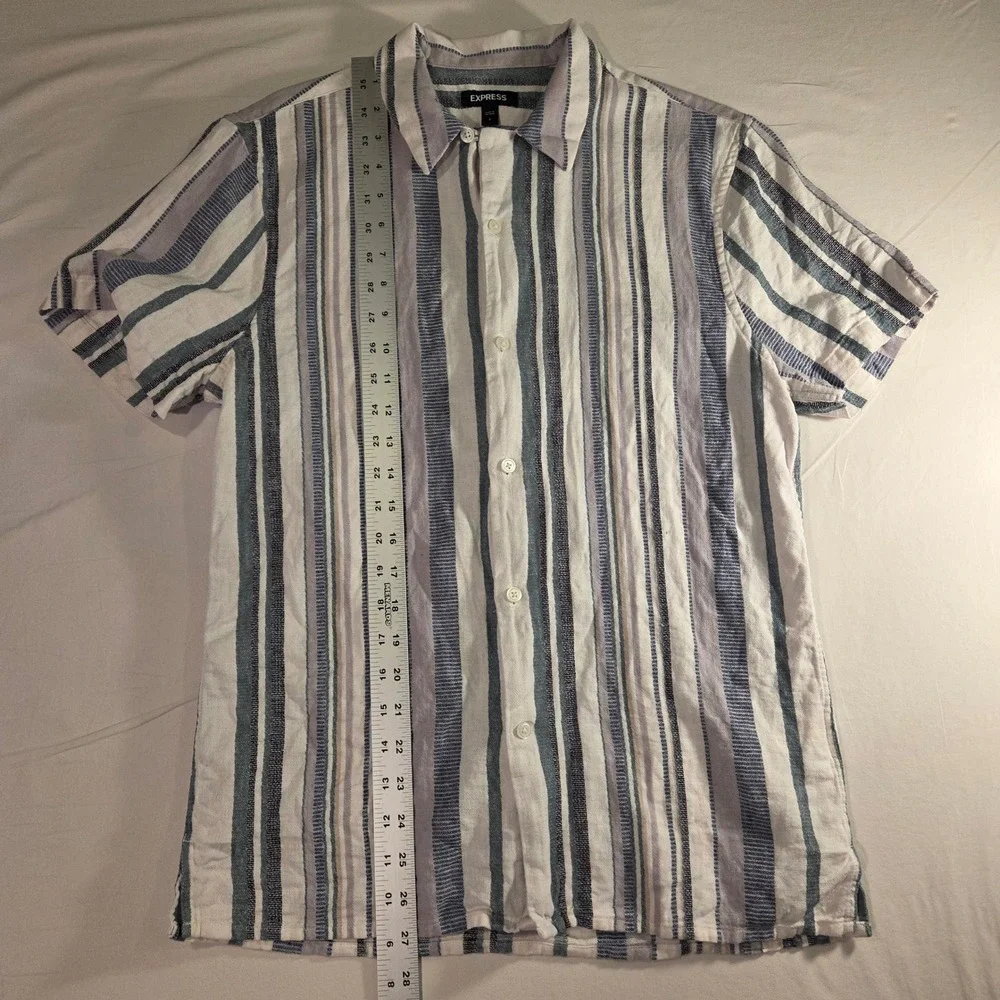 Express Men's Linen & Cotton Striped Short Sleeve Button Up Size S Camp Collar